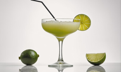 A refreshing lime margarita in a coupe glass with a lime wedge garnish and lime fruit