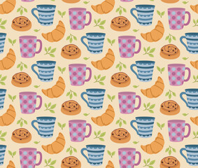 Seamless pattern with cups, croissants, buns and leaves. Vector colorful background with pastries and drinks in flat style	