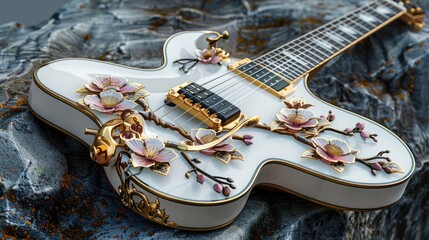 A musical guitar adorned with pink and yellow floral art, set against a textured backdrop, with a white and gold trim, showcasing a blend of retro and classical style.