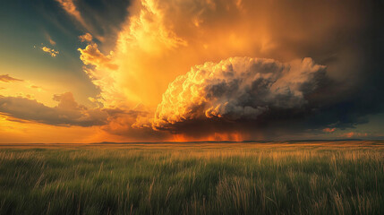 Naklejka premium Intensywna chmura burzowa kłębi się nad szeroką łąką, a zachodzące słońce maluje niebo w złocistych odcieniach.