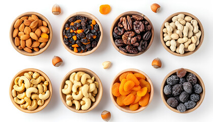 Nuts and dried fruits isolated on white background