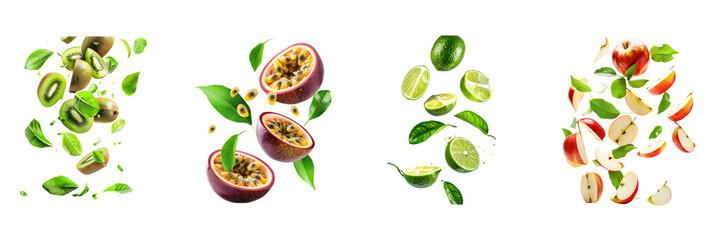 Naklejka premium Set of different fruits half slices falling or floating in the air with green leaves isolated on a transparent background