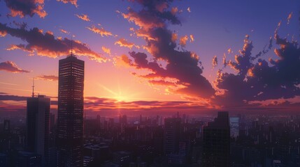Fototapeta premium The sky glows with vivid colors as a skyscraper stands tall in a bustling anime city during sunset