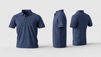 Set of Three Navy Blue Polo Shirts in Different Angles Generative AI