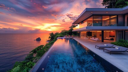 Fototapeta premium Luxury villa with infinity pool at sunset - generative ai