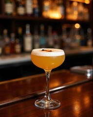 A perfectly crafted Pisco Sour with a frothy top, garnished with a mint leaf and a sprinkle of cinnamon, resting on a polished wooden bar in an intimate, dimly lit lounge.