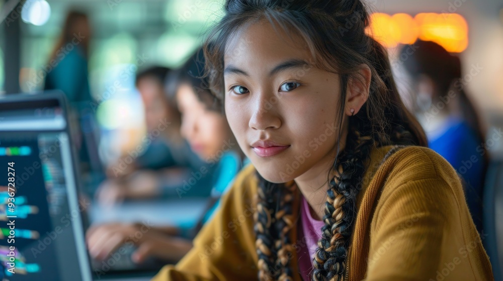 Poster a female student with braided hair focuses on her computer screen, participating in a coding lesson 