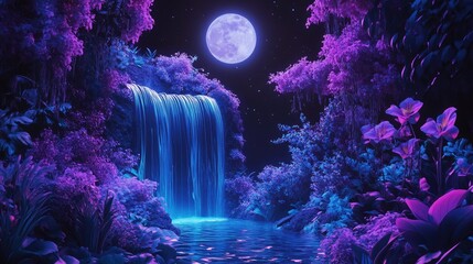 Fototapeta premium Neon-lit plants and flowers glowing on a black background, with a serene waterfall and a radiant moon shining