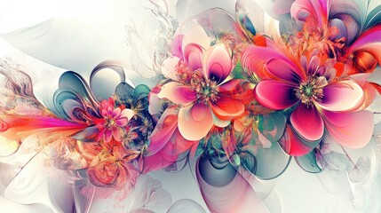 Obraz premium Intricate digital art featuring vibrant flowers in abstract patterns, vivid colors on a clean white background