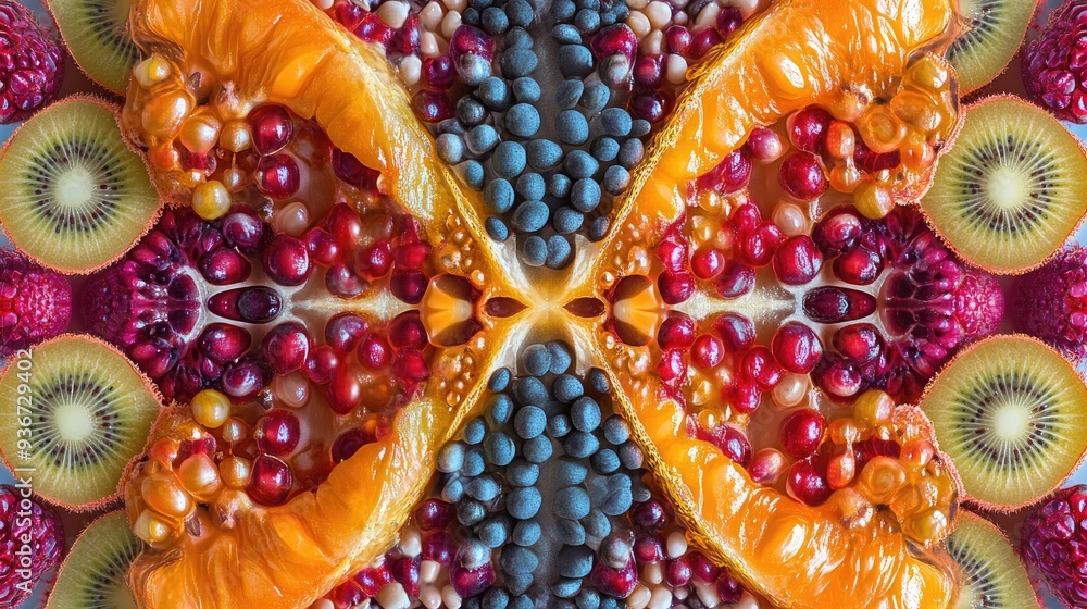 Poster symmetrical fractal half-sliced fruit with seeds, forming vibrant abstract art with intricate patter