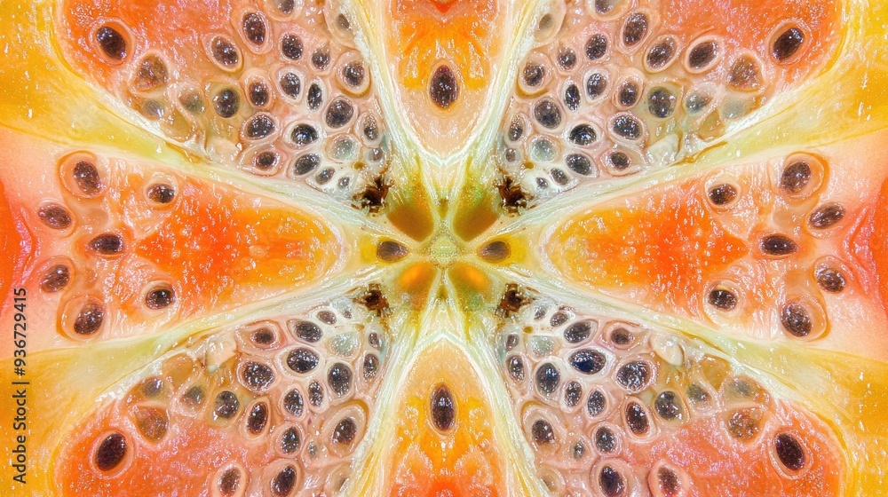 Poster symmetrical fractal half-sliced fruit with seeds, forming vibrant abstract art with intricate patter