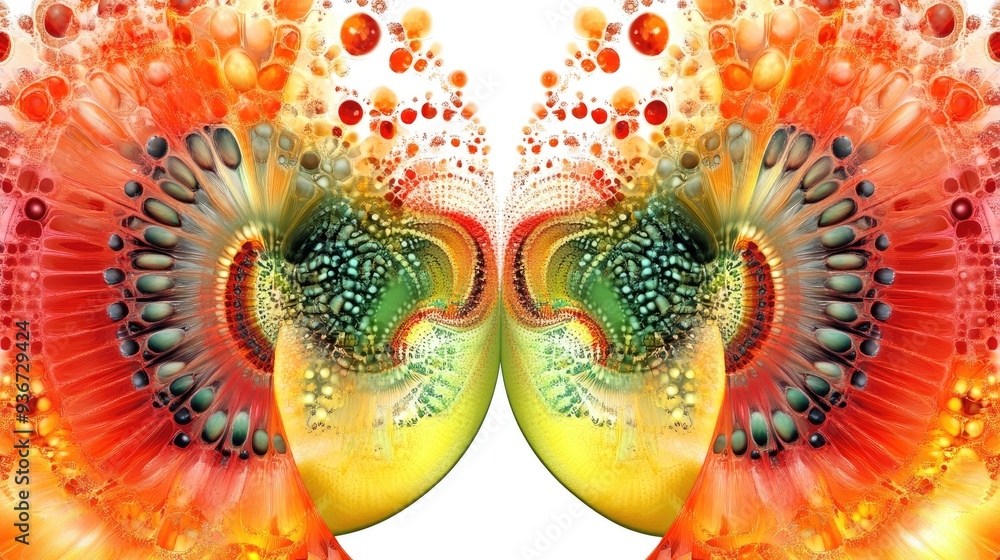 Poster symmetrical fractal half-sliced fruit with seeds, forming vibrant abstract art with intricate patter