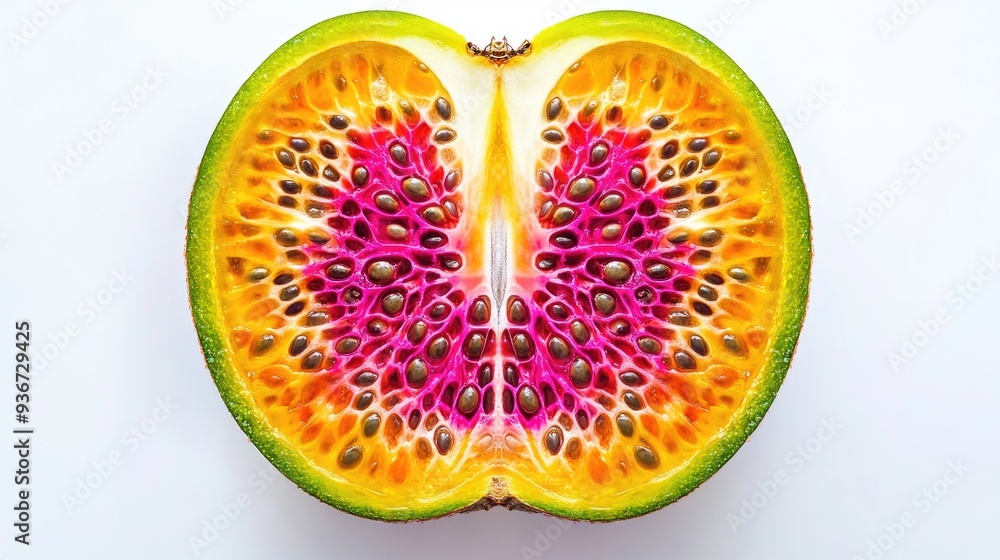 Poster symmetrical fractal half-sliced fruit with seeds, forming vibrant abstract art with intricate patter