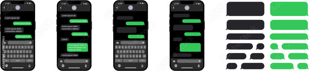 Aufkleber Dark smartphone chat interface. Message bubbles. SMS templates for creating dialogs. SMS templates for phone chat. Vector illustration EPS 10