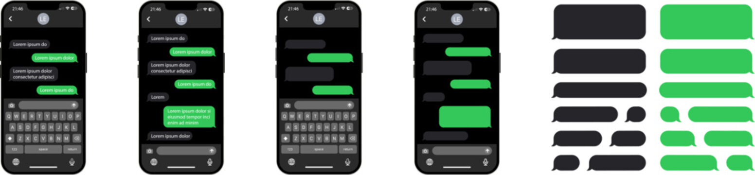 Dark smartphone chat interface. Message bubbles. SMS templates for creating dialogs. SMS templates for phone chat. Vector illustration EPS 10