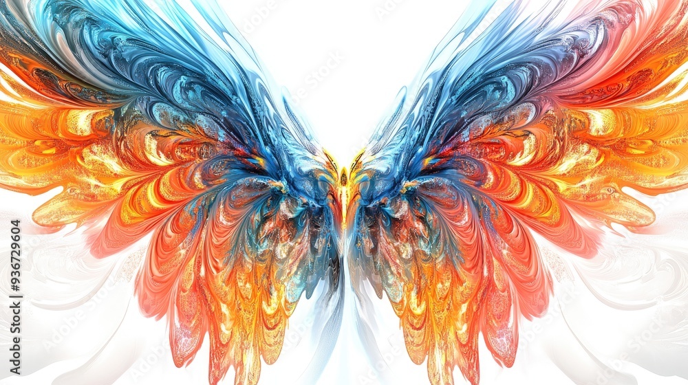 Poster symmetrical fractal wings of colorful animals, creating intricate abstract art on a white background