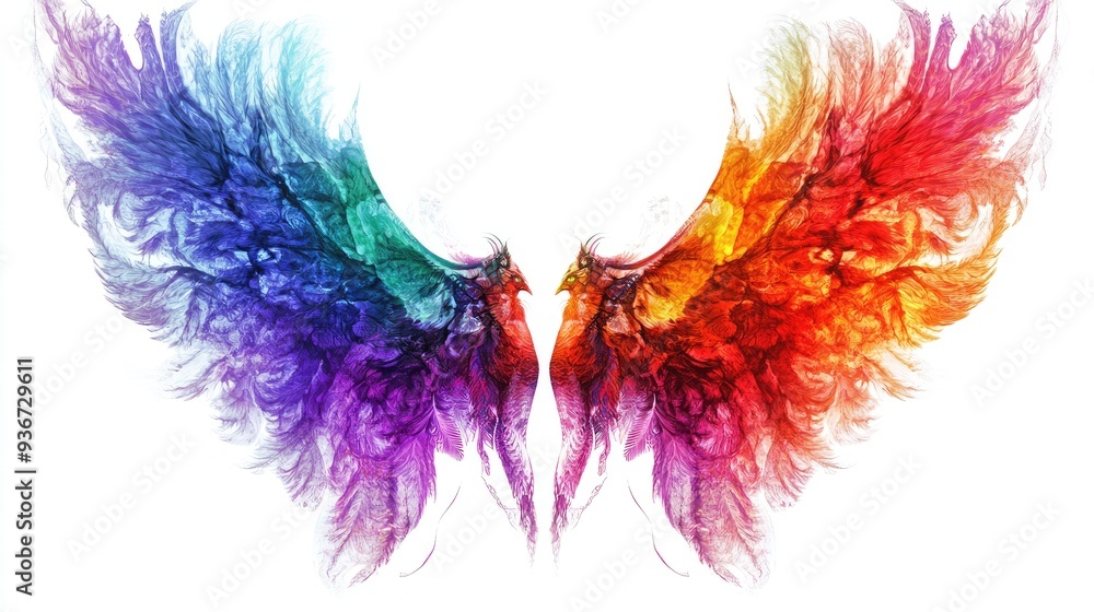 Poster symmetrical fractal wings of colorful animals, creating intricate abstract art on a white background
