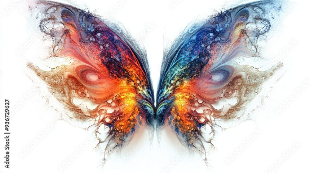 Poster symmetrical fractal wings of colorful animals, creating intricate abstract art on a white background