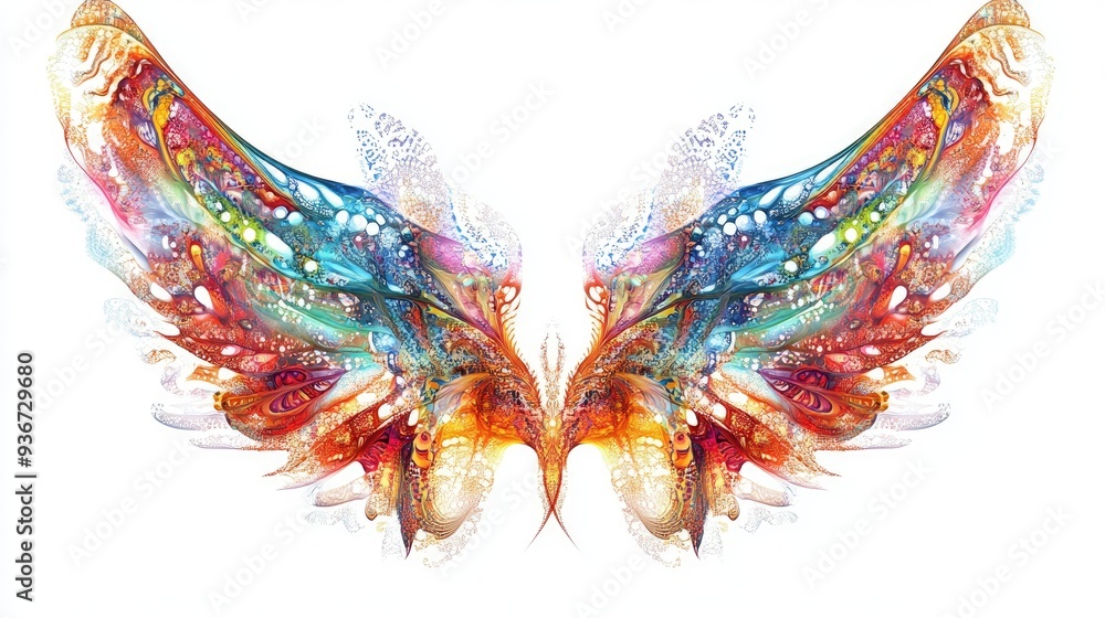 Poster symmetrical fractal wings of colorful animals, creating intricate abstract art on a white background