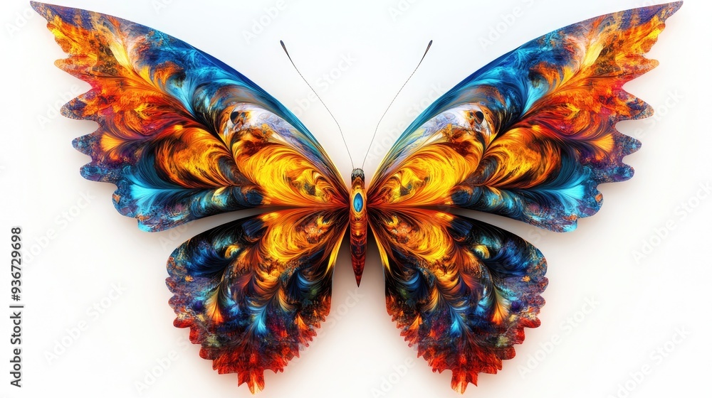 Poster symmetrical fractal wings of colorful animals, creating intricate abstract art on a white background