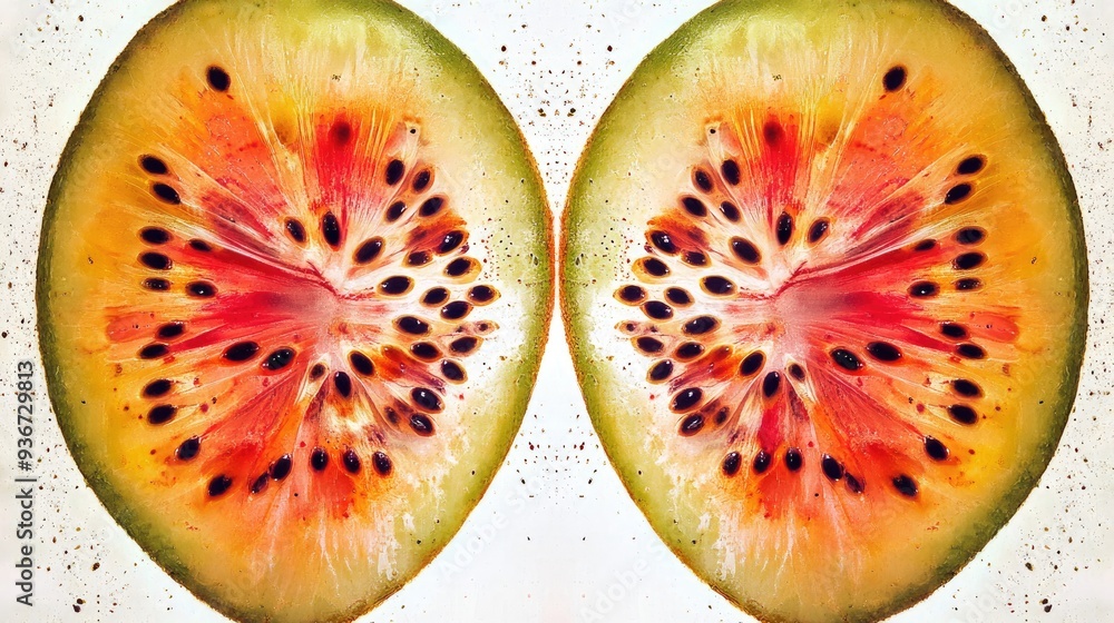 Poster symmetrically arranged fractal half-sliced fruit with seeds, creating vibrant abstract art with deta