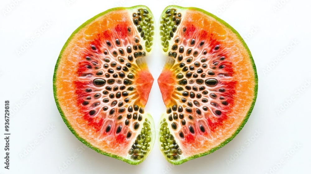 Poster symmetrically arranged fractal half-sliced fruit with seeds, creating vibrant abstract art with deta