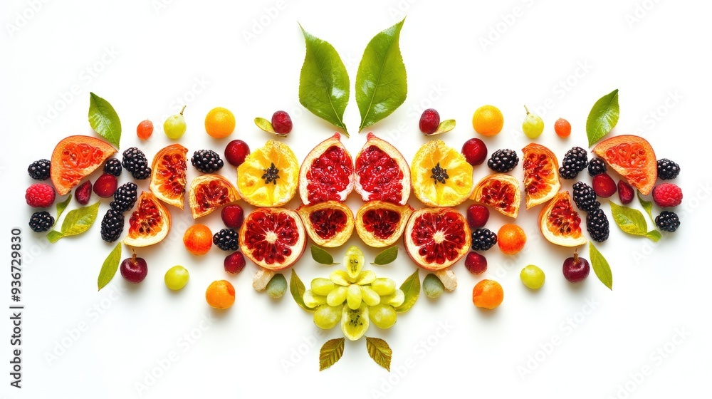 Poster symmetrically arranged fractal half-sliced fruit with seeds, creating vibrant abstract art with deta