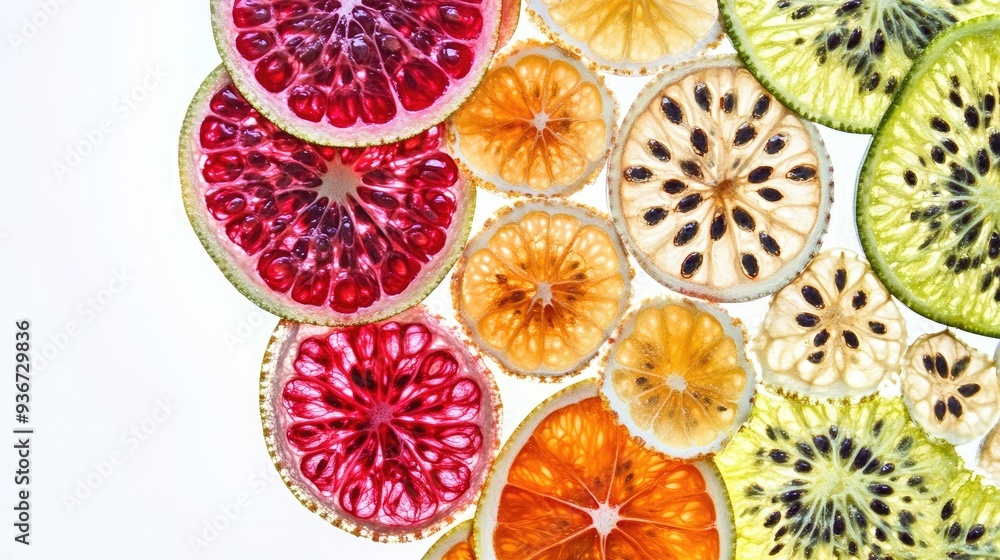 Poster symmetrically arranged fractal half-sliced fruit with seeds, creating vibrant abstract art with deta
