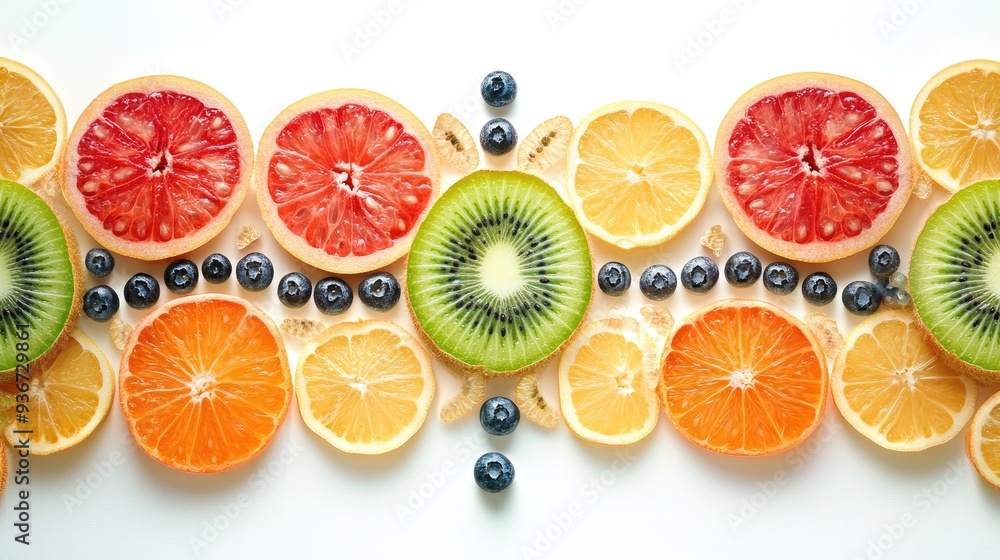 Poster symmetrically arranged fractal half-sliced fruit with seeds, creating vibrant abstract art with deta