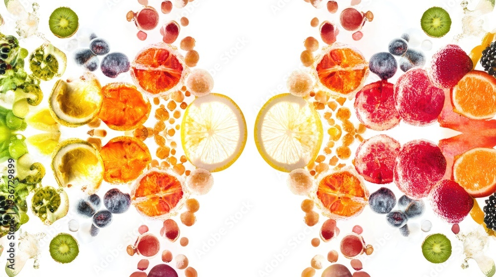 Poster symmetrically arranged fractal half-sliced fruit with seeds, creating vibrant abstract art with deta
