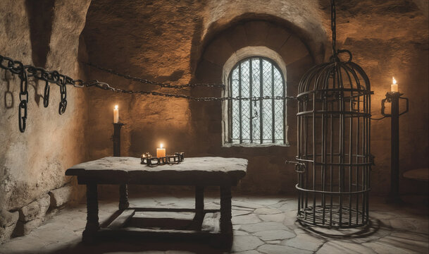 A large, metal cage hangs from the ceiling of a stone dungeon