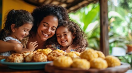 A joyful mother shares delicious baked treats with her two daughters in a sunny garden setting filled with greenery and laughter during a warm afternoon