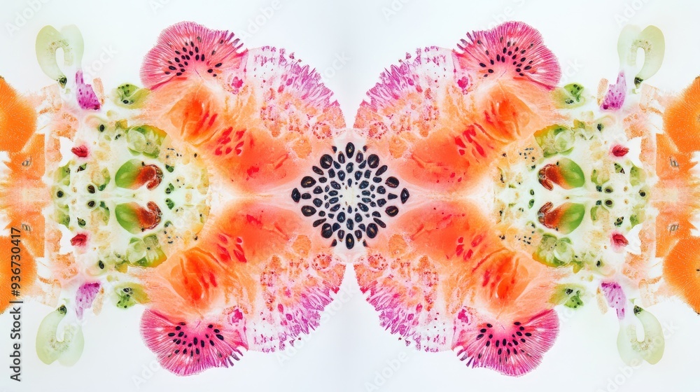 Poster vibrant fractal half-sliced fruit with seeds, symmetrically arranged to create intricate abstract ar