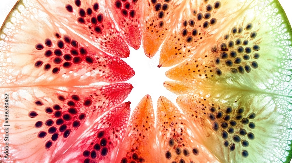 Poster vibrant fractal half-sliced fruit with seeds, symmetrically arranged to create intricate abstract ar