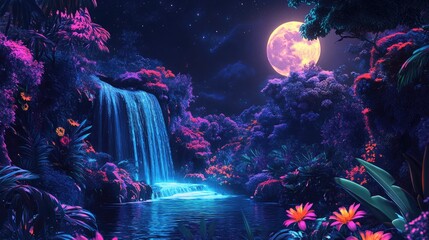 Fototapeta premium Vibrant neon flora on a black background, featuring a beautiful waterfall and a luminous moon shining above
