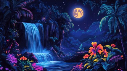 Fototapeta premium Vibrant neon flora on a black background, featuring a beautiful waterfall and a luminous moon shining above