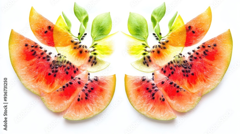 Poster vivid fractal half-sliced fruits with exposed seeds, creating symmetrical abstract art with intricat