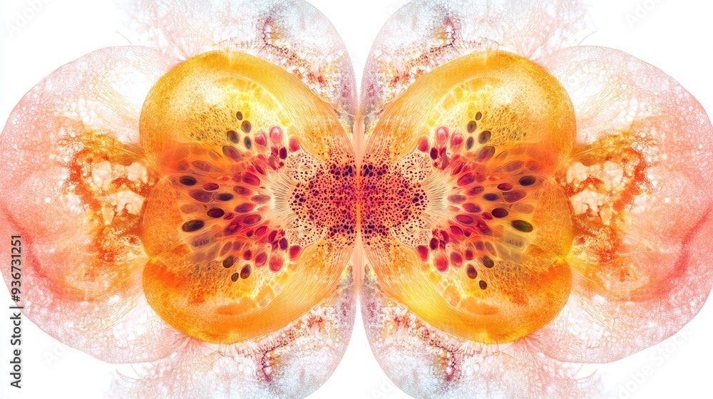 Poster vivid fractal half-sliced fruits with exposed seeds, creating symmetrical abstract art with intricat