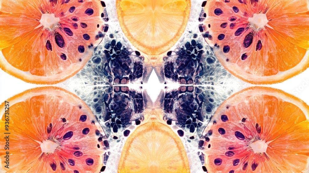 Poster vivid fractal half-sliced fruits with exposed seeds, creating symmetrical abstract art with intricat