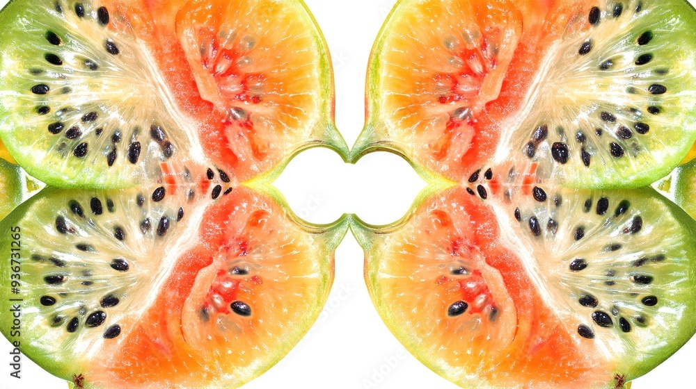 Poster vivid fractal half-sliced fruits with exposed seeds, creating symmetrical abstract art with intricat