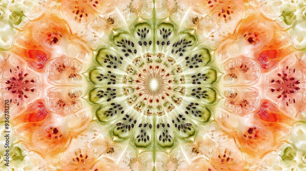 Poster vivid fractal half-sliced fruits with exposed seeds, creating symmetrical abstract art with intricat