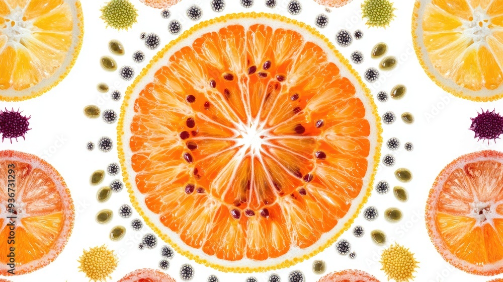 Poster vivid fractal half-sliced fruits with exposed seeds, creating symmetrical abstract art with intricat