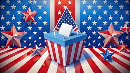 Obraz premium Stars and stripes blend with ballot boxes and patriotic symbols on a bold, red, white, and blue background, perfect for election-themed designs and graphics.