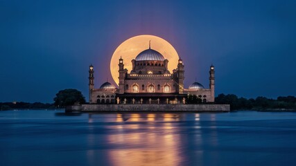 Obraz premium A crescent moon in the night sky above a mosque background image generative ai