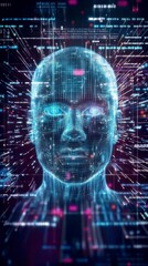 A holographic AI face surrounded by vibrant data streams, symbolizing the power of AI in technology and business