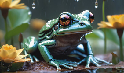 A green frog sits on a leaf in a puddle of water, surrounded by yellow flowers as rain falls around it