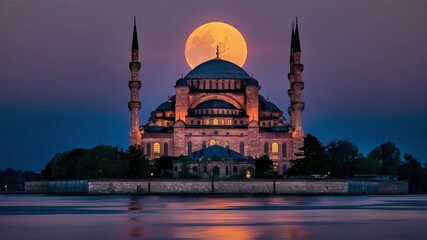 Obraz premium A crescent moon in the night sky above a mosque background image generative ai