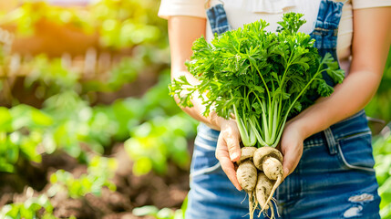 Farmer holding freshly harvested organic parsley roots in hands standing in lush thriving vegetable garden  Concept of sustainable farming eco friendly agriculture and healthy food production