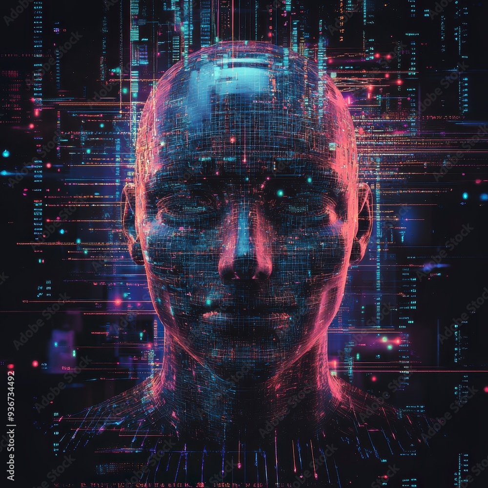 Poster a holographic ai face surrounded by vibrant data streams, symbolizing the power of ai in technology 