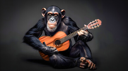 Talented Chimpanzee Musician Plays Acoustic Guitar on Dark Background  A creative and imaginative digital depicting a chimpanzee performing on a guitar amid a stark studio like setting